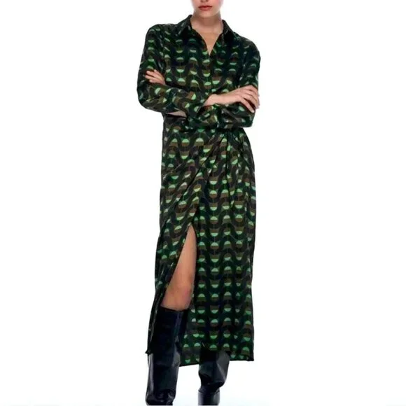 Zara Retro Printed Twill Wrap Shirt Midi Dress Disco Long Sleeve - Picture 15 of 15
